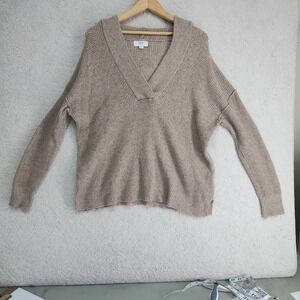Aerie Sweater Womens XS Hooded Waffle Knit V-Neck Pullover Cozy Taupe Beige